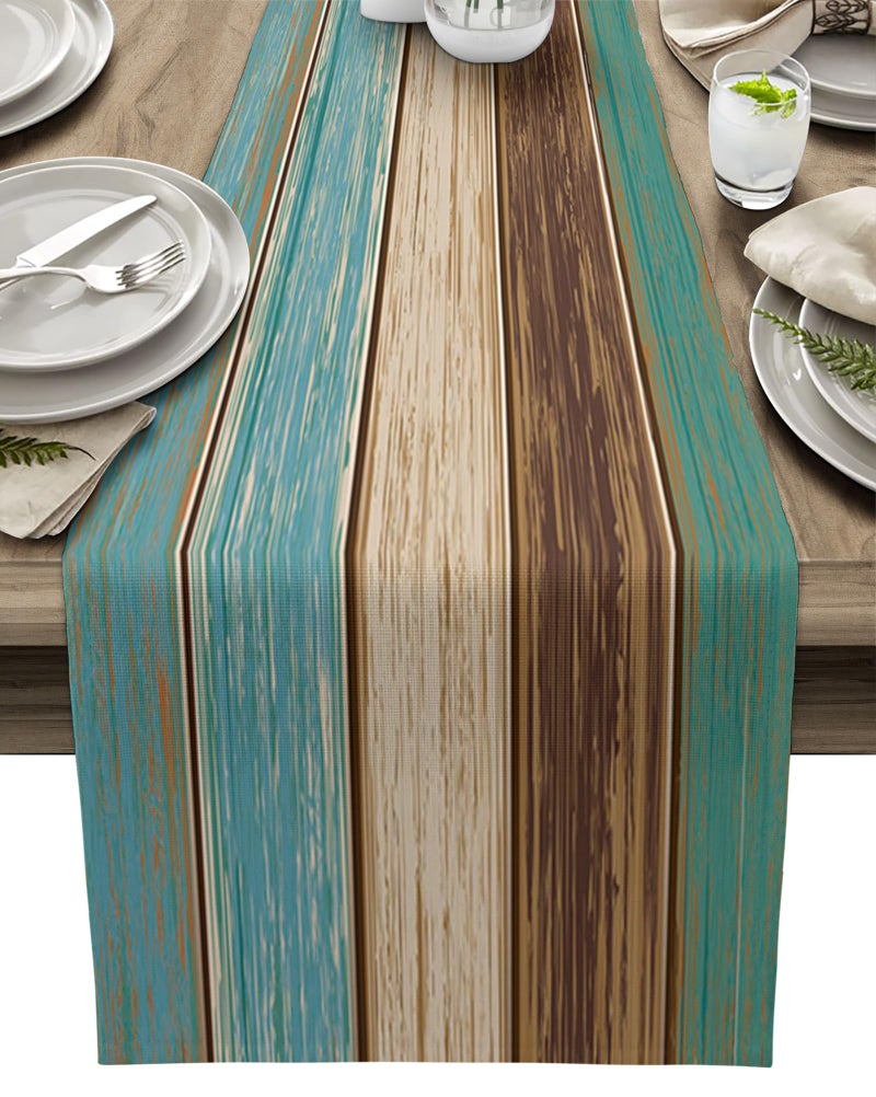 Vandarllin Farmhouse Table Runners 72 inches Long Retro Rustic Barn Wood&Teal Green Brown Turquoise Linen Burlap Rectangle Dresser Scarves Table Setting Decor for Wedding Party Holiday Coffee Dinner Home - Image 1